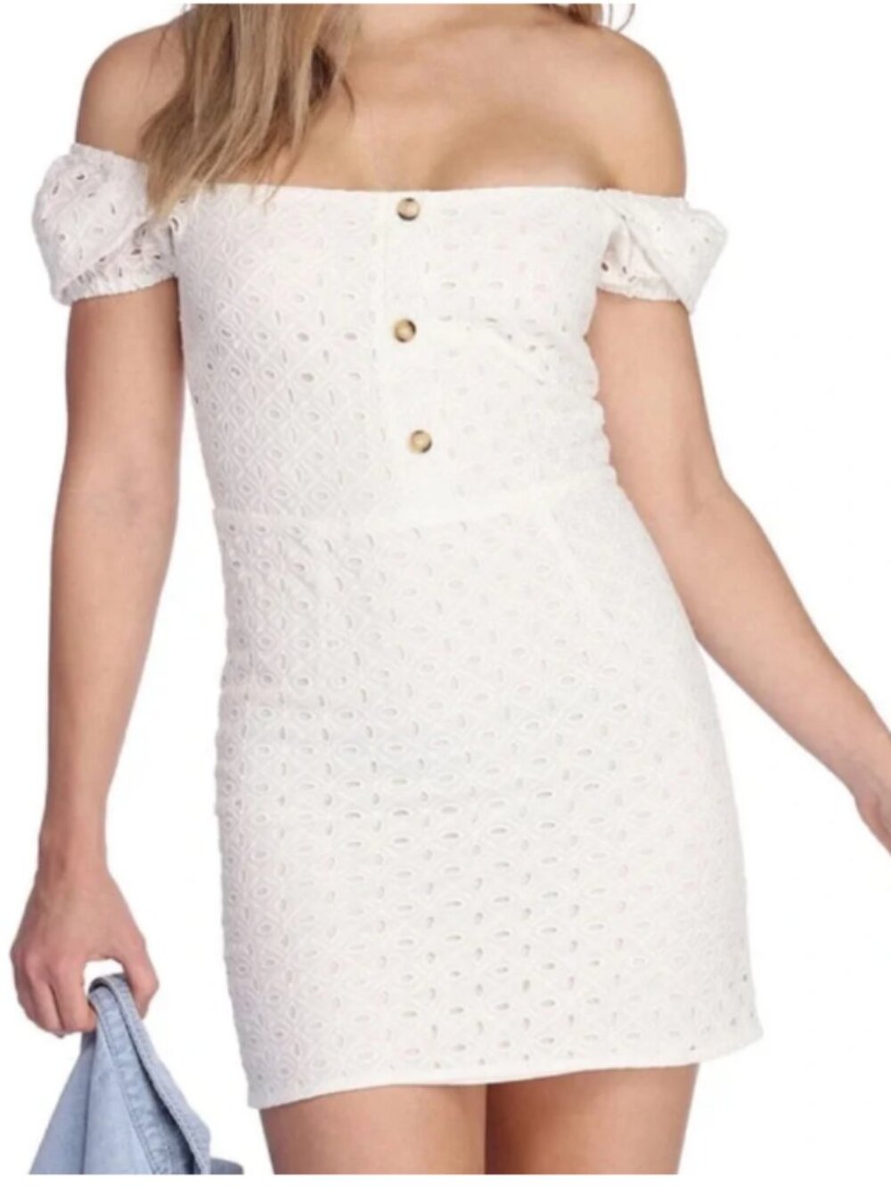 Blue Blush White Eyelet Off-Shoulder Mini Dress